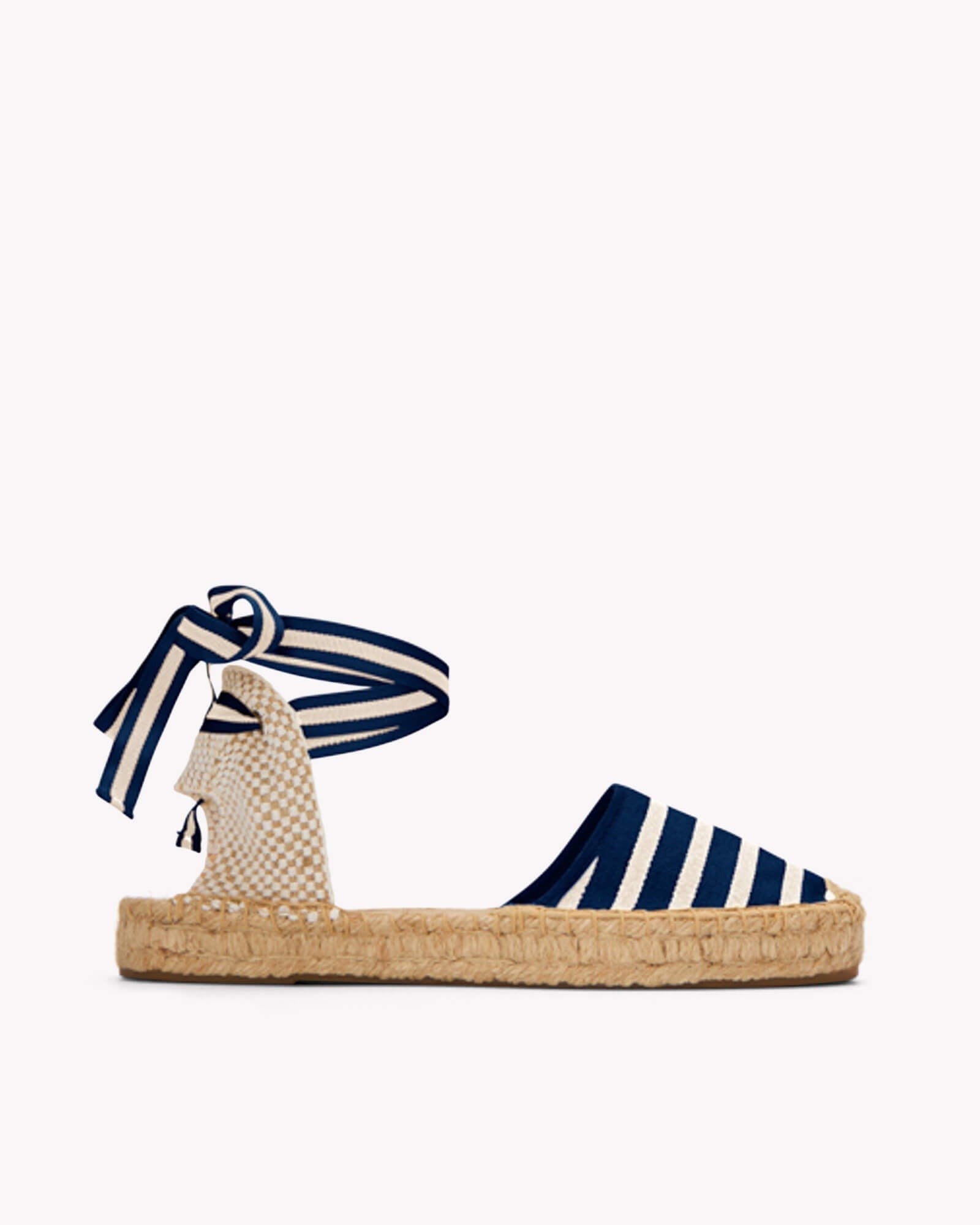 WomensEspadrillesThe Lauren Lace UpWoven StripesClassic  Navy  Ivory